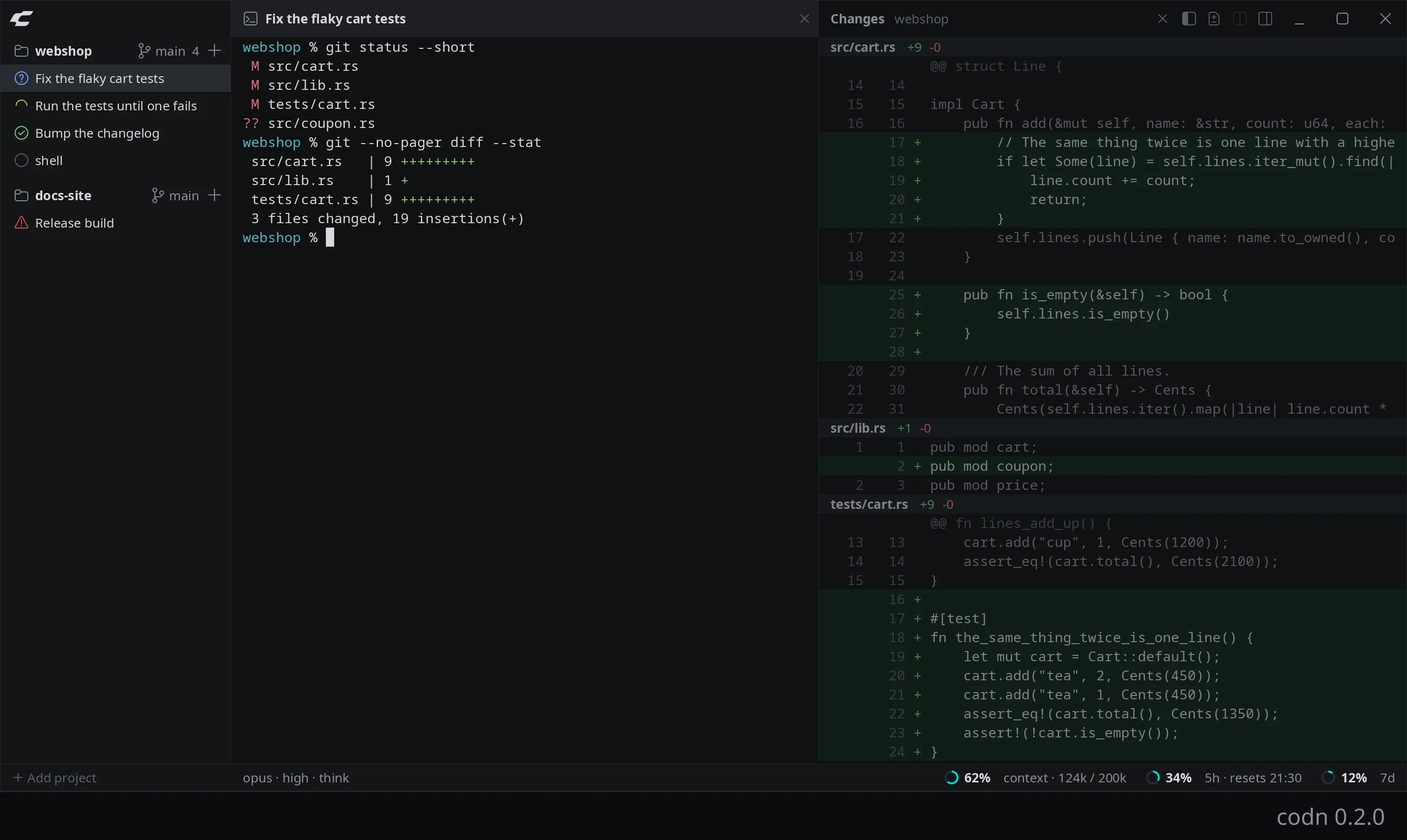 codn with a terminal session on the left that shows git status and a diff stat, and on the right the changes of the project: three files with their added lines on a green surface, with old and new line numbers.