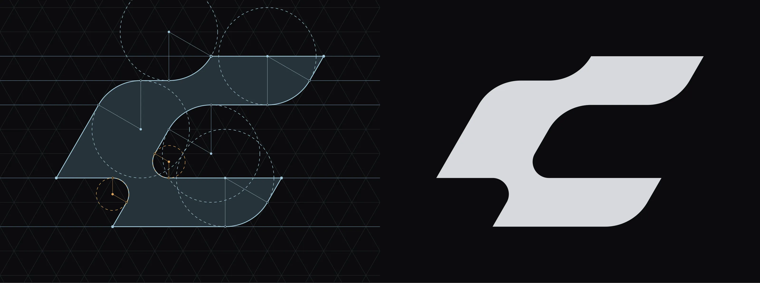 The codn mark twice: on the left its construction on a grid of equilateral triangles with the circle of every arc, on the right the finished mark, a C of two bands.