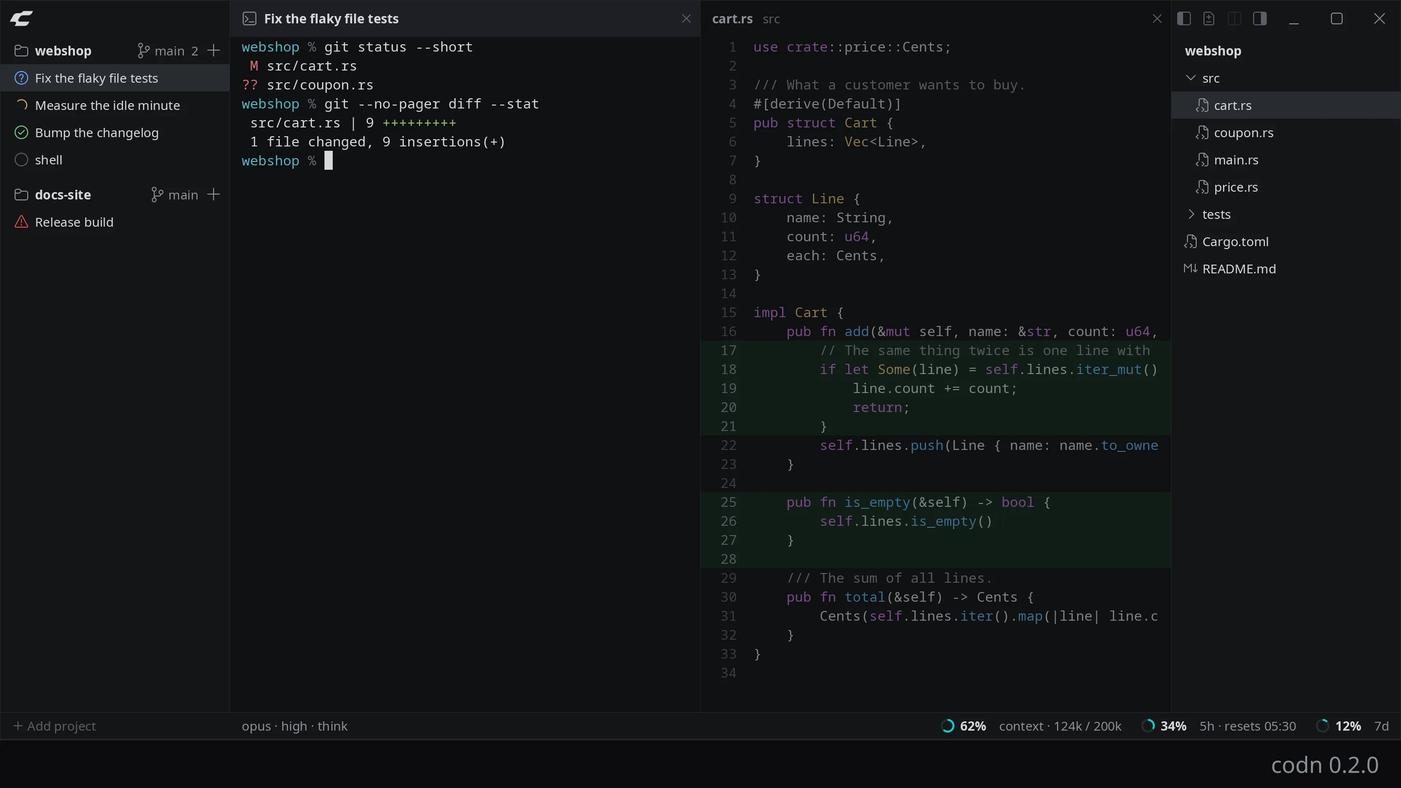 The codn window: a sidebar with two projects and five sessions, each with a mark for its state, a terminal session, a Rust file beside it with changed lines on a green surface, a column with the files of the project, and a bar along the bottom with model, context and limits.