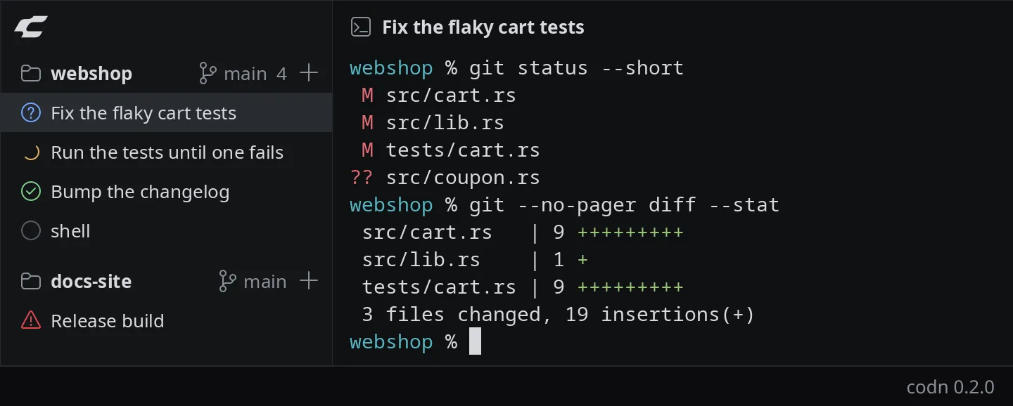 Close-up of the codn sidebar: a session with a blue question mark, one with a yellow arc, one with a green check, a shell with a gray ring, and in a second project a session with a red triangle.