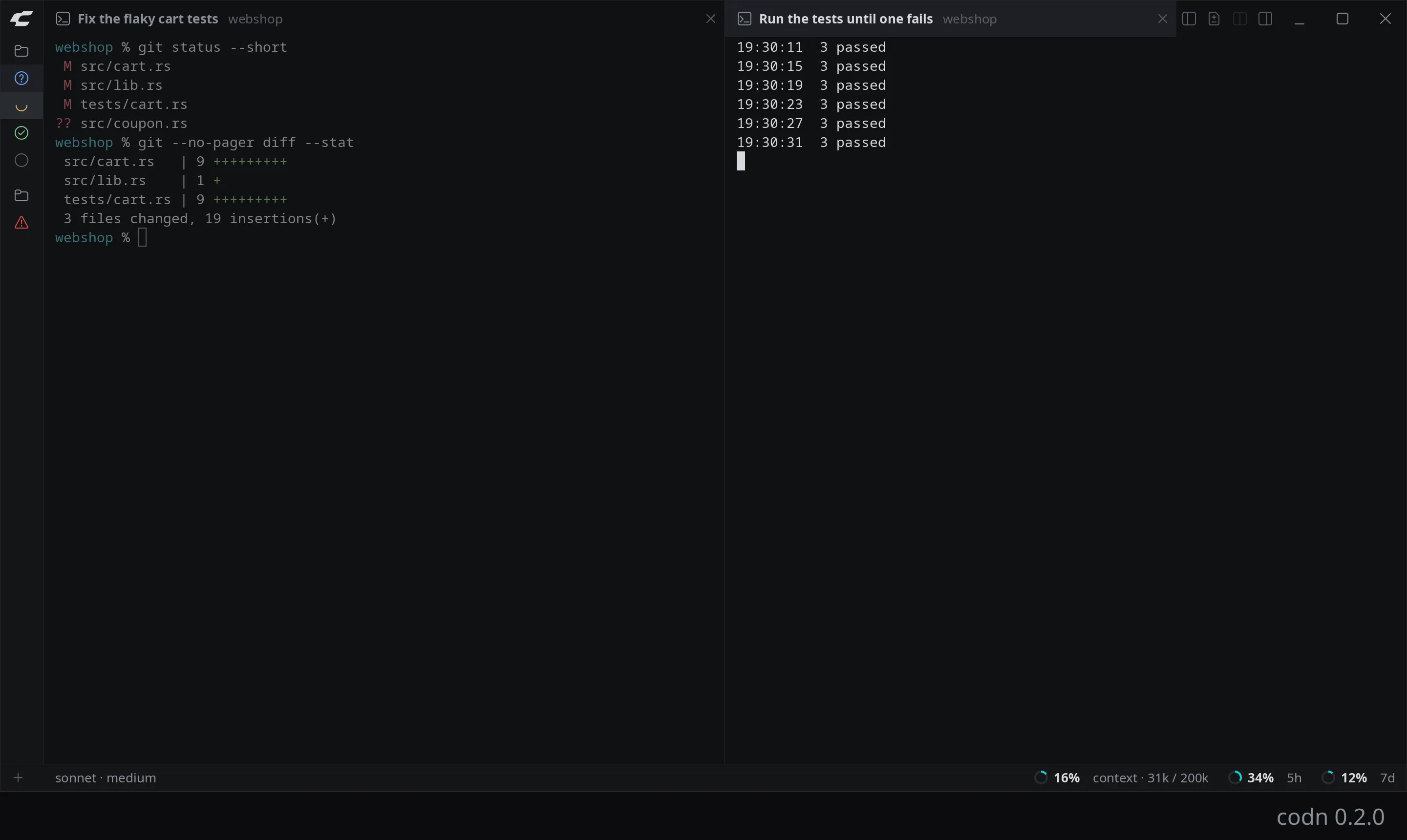 codn with the sidebar folded to a narrow strip that shows only the marks of the sessions, and two terminal sessions side by side: one with git output, one that runs the tests in a loop.