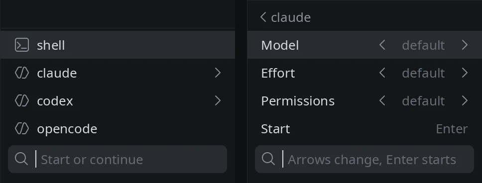 Two close-ups of the codn sidebar: on the left the list that starts a session, with shell, claude, codex and opencode, the three agents with one neutral icon; on the right the options of claude, Model, Effort and Permissions, all at default.