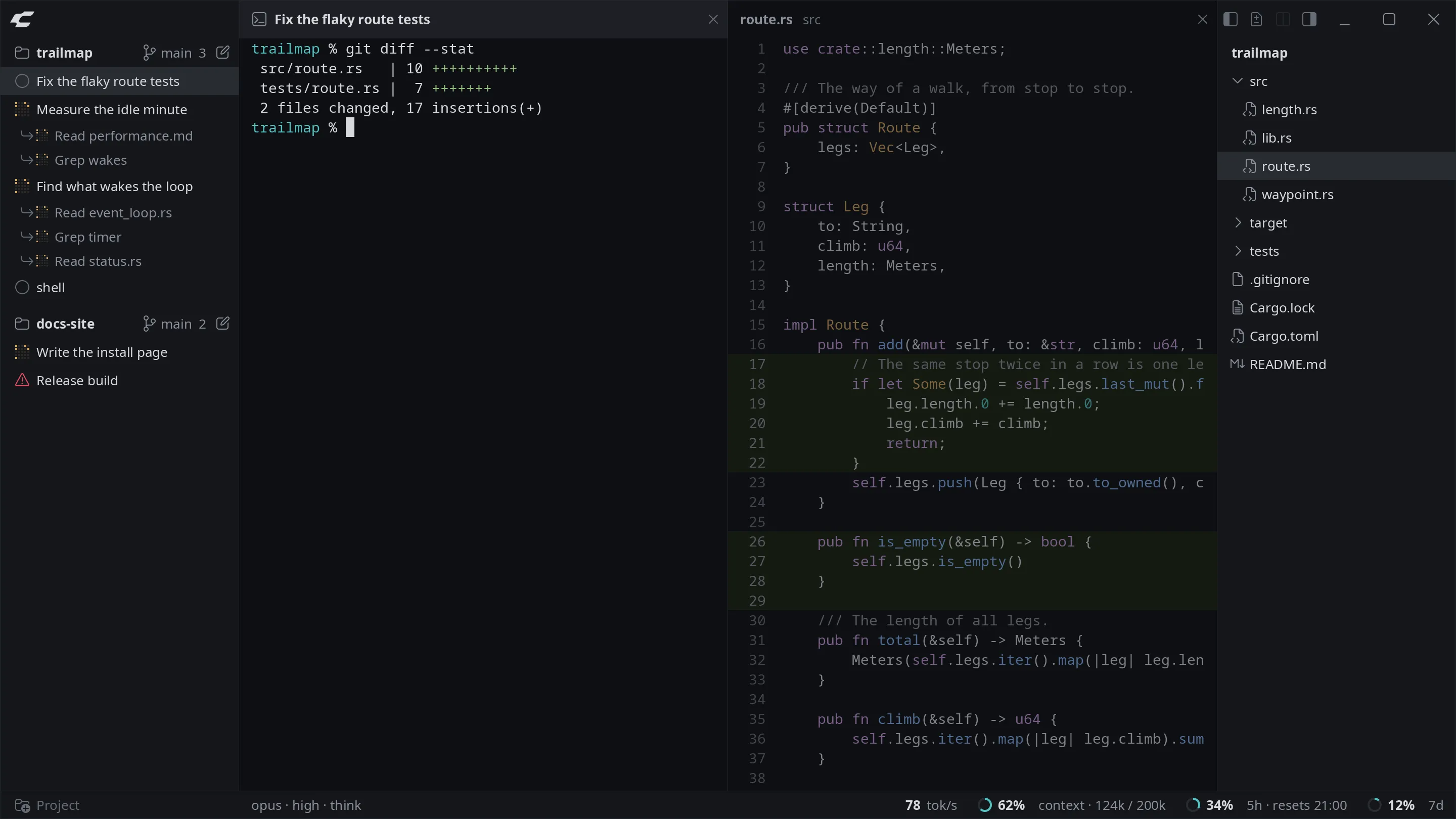 codn with a session that ran git diff, a Rust file of the project beside it with its changed lines on a green ground, the files of the project at the right, and in the bar along the bottom the model, effort, speed, context and limits that session reported.