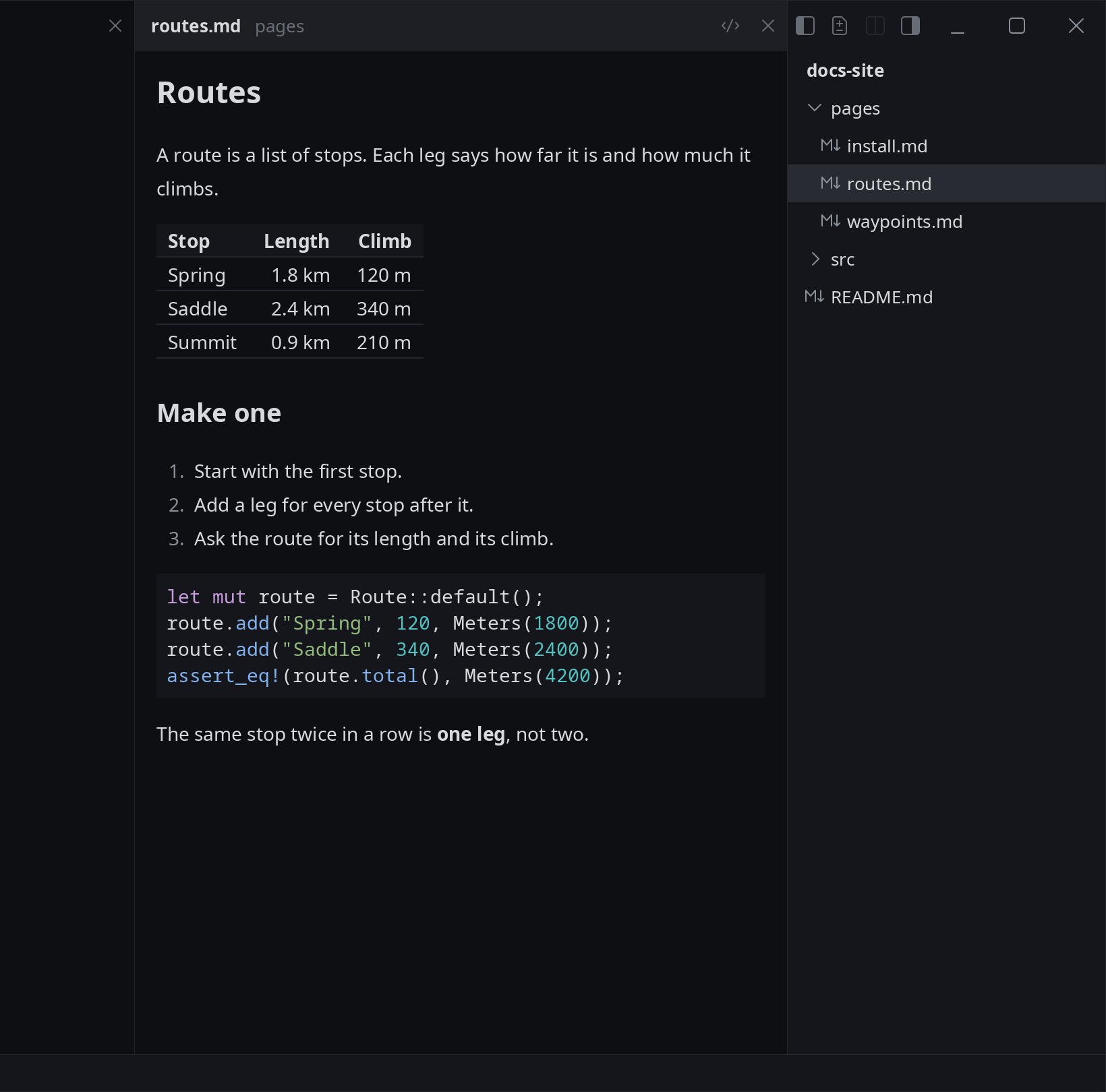 A Markdown file shown as it is meant in codn, with a heading, a table, a numbered list and a block of code, and the files of the project in a column at its right.