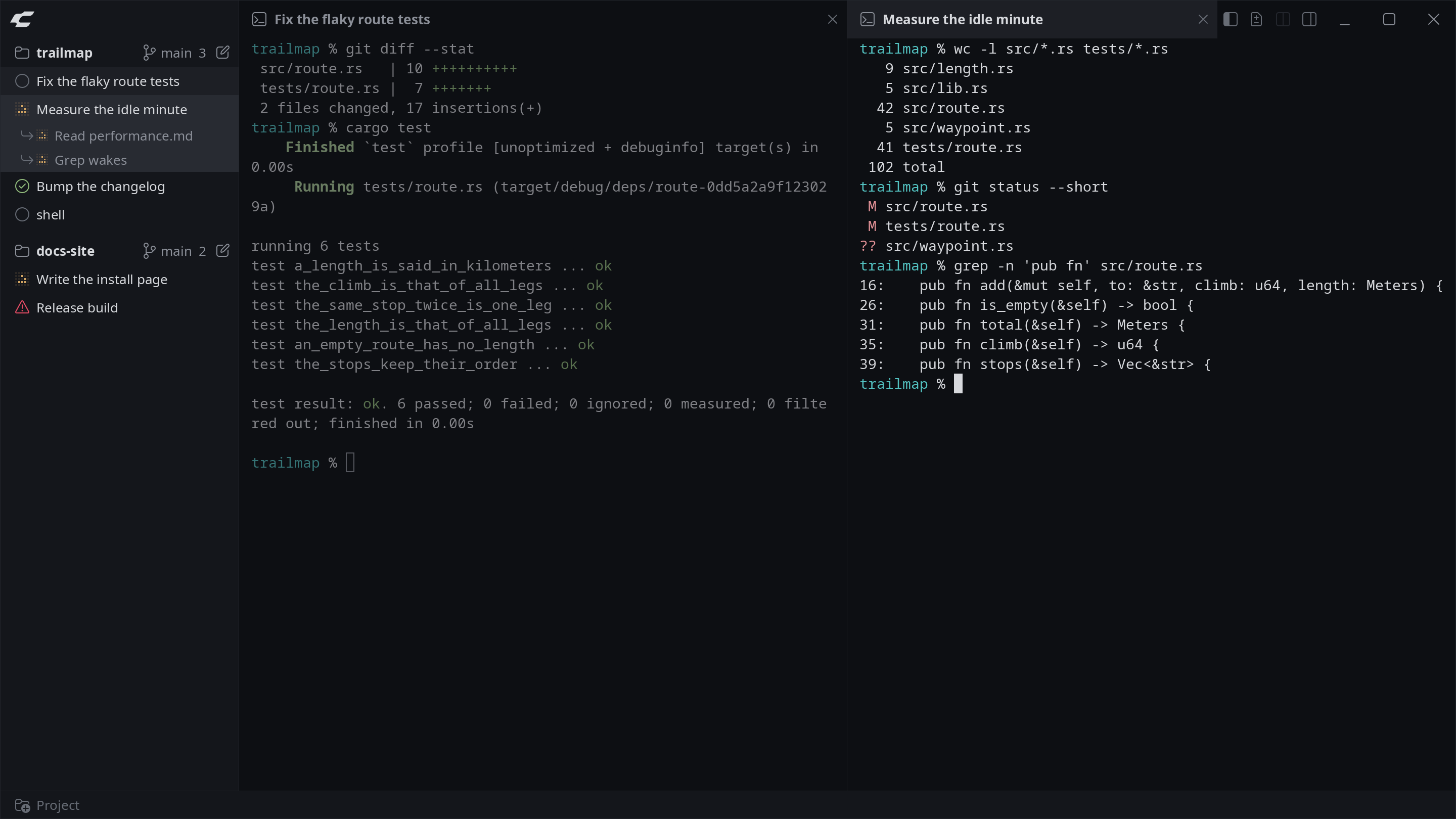 The window of codn with two sessions of one project side by side: a test run at the left, a few commands of git and grep at the right.