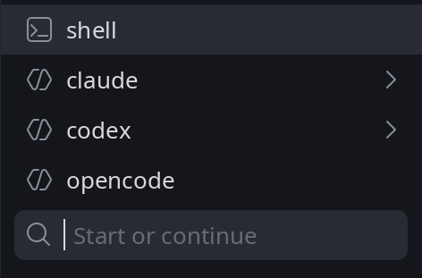 The list that starts a session: shell, claude, codex, opencode, and a field to search earlier conversations.