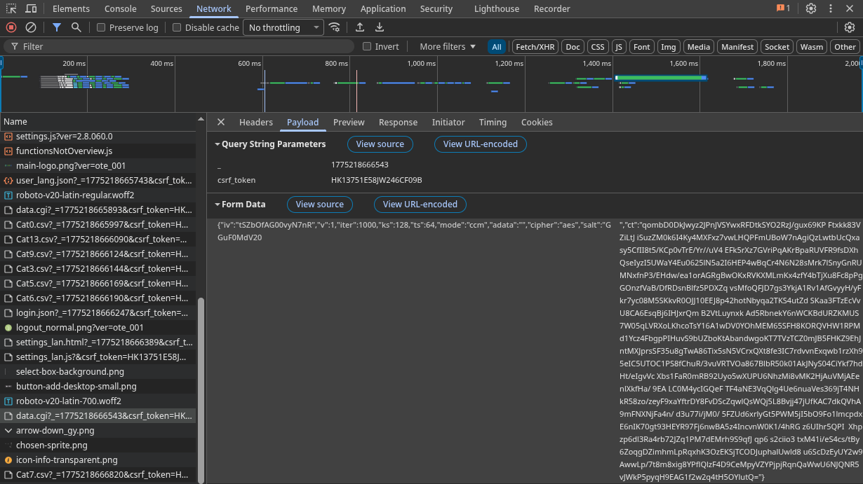 DevTools Network tab — POST to /data/data.cgi with encrypted request body