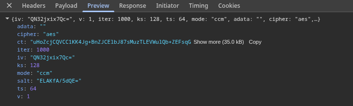 DevTools Preview tab — parsed SJCL response with fields: iv, ct, cipher, iter, ks, mode, salt, ts